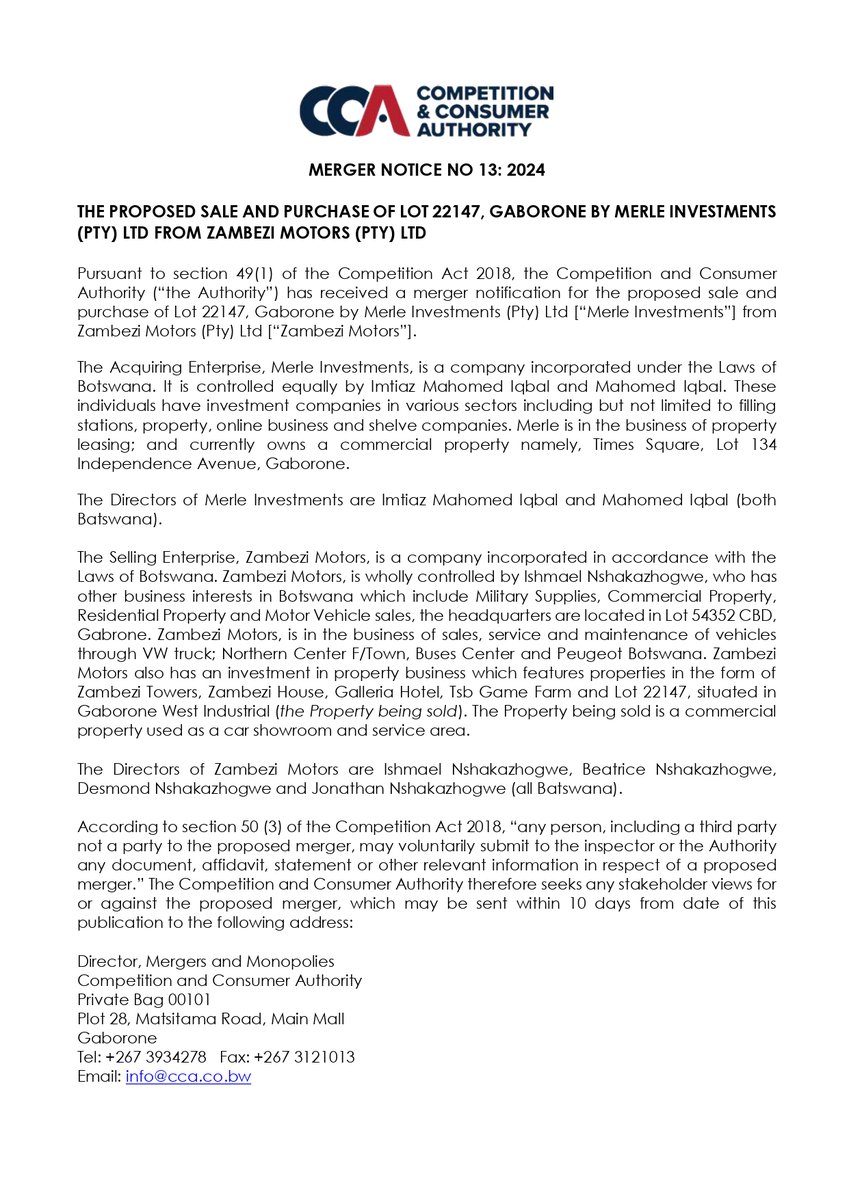 Merger Notice No 13 2024 - Merle Investments and Zambezi Motors
#seekingstakeholderviews #CCAmergernotice #mergers #acquisitions #mergersandacquisitions #CCApublicnotice @CCABotswana