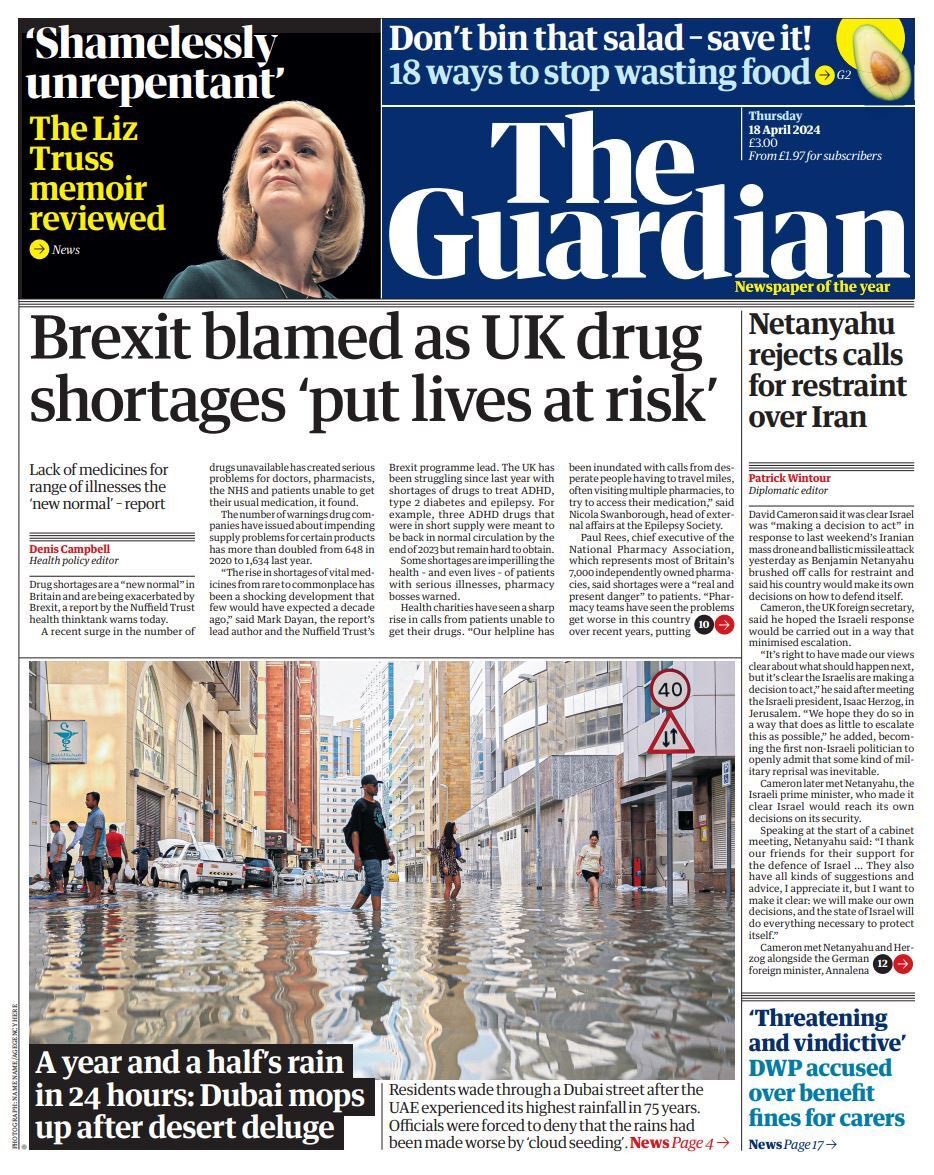 Thursday’s @guardian front page: Brexit blamed as UK drug shortages ‘put lives at risk’ theguardian.com/science/2024/a…