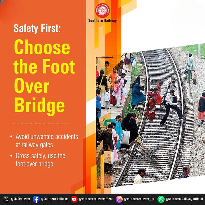 drm_tvc's tweet photo. Safety is key! Elevate your commuting safety by using #FootOverBridges on platforms. Focus on your well-being; avoid walking on tracks to speed up your journey. 

#SafetyFirst #SouthernRailway https://t.co/QD8fSPFl9Y