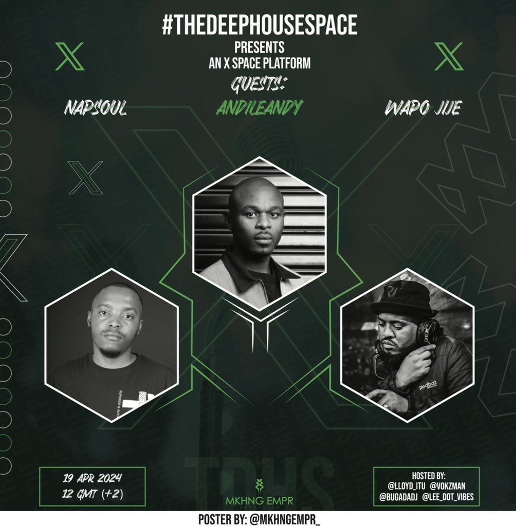 For the love of #deephouse the love of beats & dance we present #TheDeepHouseSpace🎙️ Lineup for Fridays instalment of #TheDeepHouseSpace 🎙️ @napsoulmagic - Gongo EP @andileandyCA - The Last 20 Years EP @WAPOJije - Dear Abefuni 🗓️ Friday 19 April 2024 🕰️12pm 📍 X Spaces