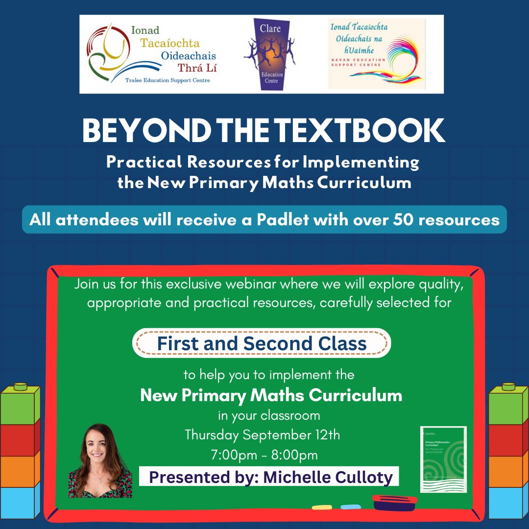 📢 First & Second Class Teachers ➡️Beyond The Textbook - Practical Resources for Implementing the new PMC 📅Thursday 12th September 2024 ⏲️7.00pm-8.00pm 🗣️Michelle Culloty 📌Zoom 💰FREE ®️ zoom.us/webinar/regist… @traleeesc @CentreNavan @michellecullot1
