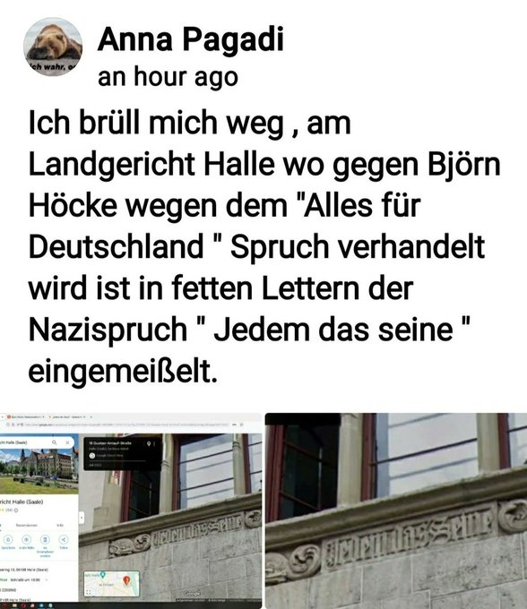 WELT-Leser, 18.4.2024, Prozess gegen Höcke. 'Willkommen in der DDR-2. Alle , die gegen Maß- nahmen des Staates sind oder ihn kritisieren, sind rechtsradikal & werden denunziert. War früher in der DDR genauso...' Pikant, s. Bild: LG-Halle-Inschrift: Jedem das seine (KZ-Buchenald)