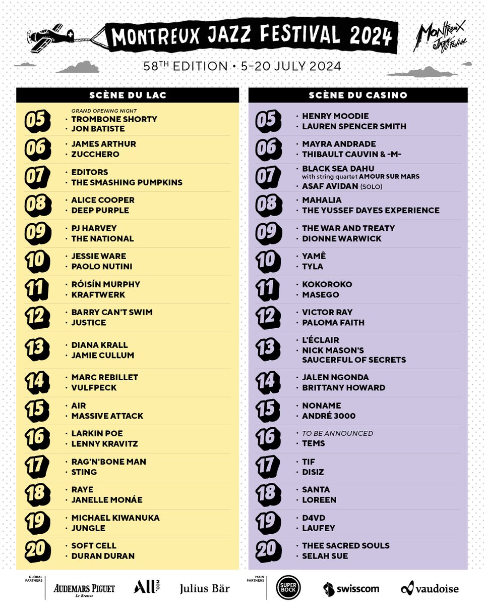 A breathtaking stage on the lake and a return to the legendary Casino: the 58th Montreux Jazz Festival promises to be historic. Today, we unveil the names of the artists who will be making this edition truly unforgettable! Tickets will go on sale tomorrow at noon.  

#MJF24