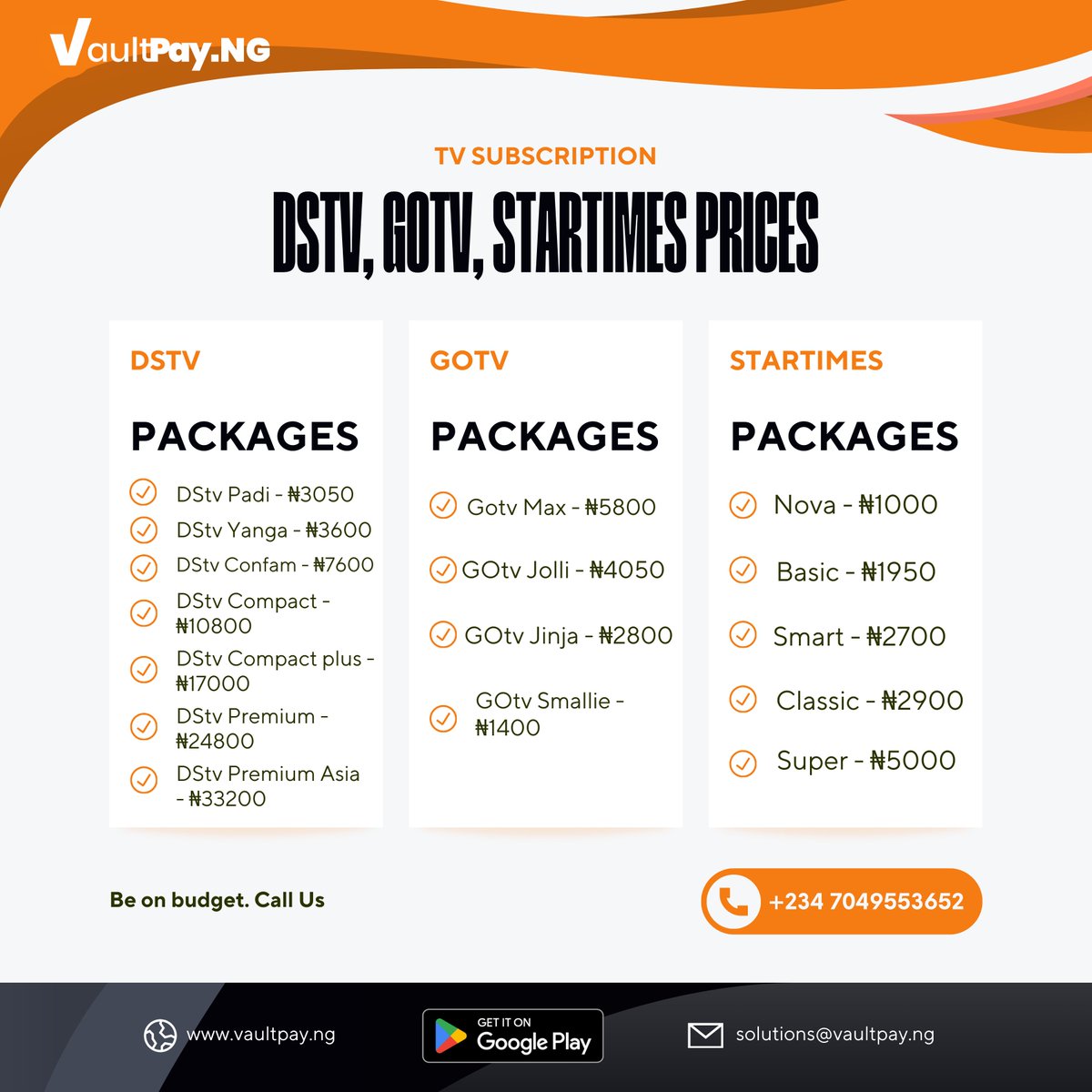VaultpayNG's tweet photo. DStv, GOtv, and Startimes subscription prices on https://t.co/t3s93tCONe  VeryDarkMan KiriKiri Celine Dion NYSC Naira Gain https://t.co/T55zdnMLLO