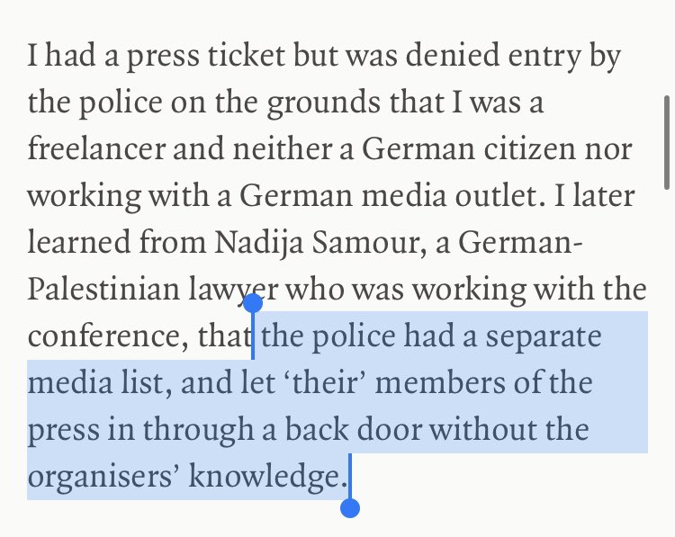 “I had a press ticket but was denied entry by the police  … I later learned… that the police had a separate media list, and let ‘their’ members of the press in through a back door without the organisers’ knowledge.” lrb.co.uk/blog/2024/apri…
#PalaestinaKongress #PalestineCongress