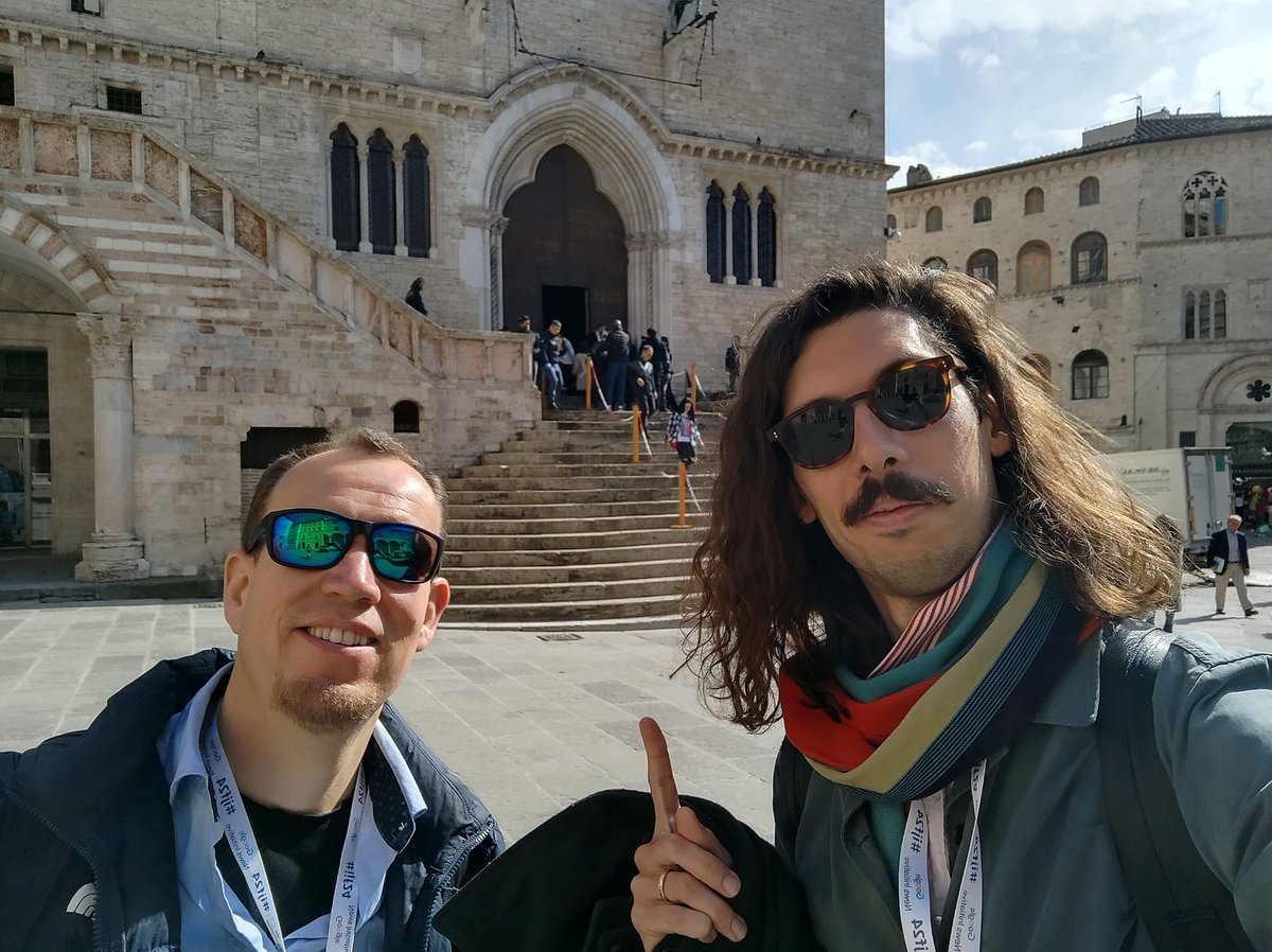 Royaards's tweet photo. Me and @EmaDelRosso preparing  for our workshop on political cartoons at @journalismfest  in the wonderful building behind us. Join us at 11am, in person or online!

https://t.co/RliwJiK1OH

#ijf24 https://t.co/VyMS7Z1VQM