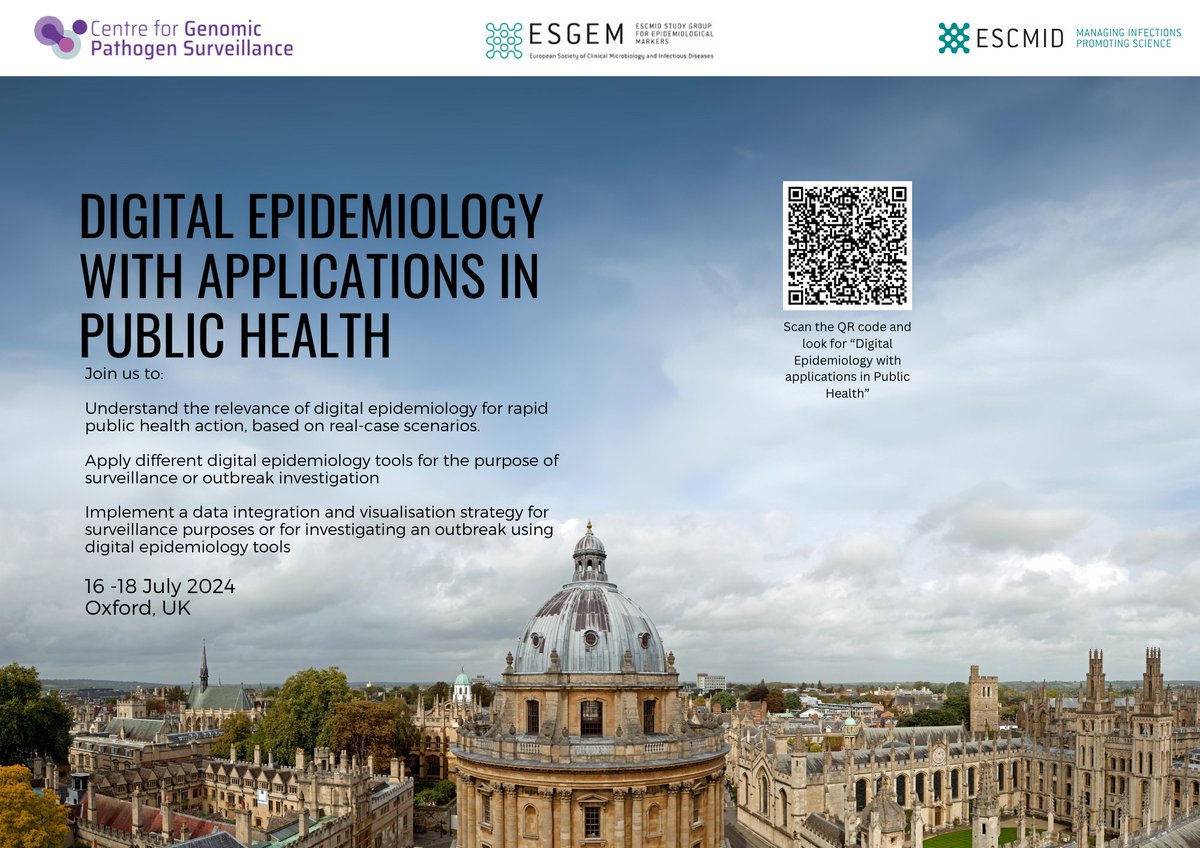 Apply for our #DigitalEpidemiology course by 15 June! Want to learn about the relevance of digital epidemiology for rapid public health action, based on real-case scenarios? Oxford, 16-18 July 2024 More info: escmid.org/event-detail/d…