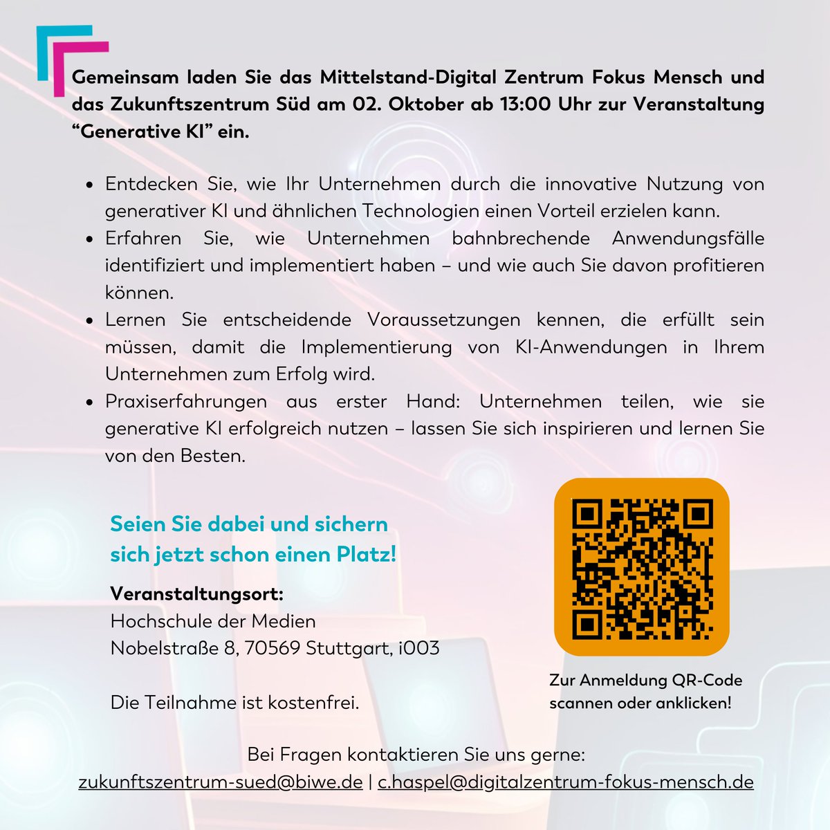 🗓️ Save the Date: Generative #KI - Perspektiven für den #Mittelstand erfahren und erleben
Am 2.10. laden wir mit dem @Zukunft_Sued zu unserer gemeinsamen #Veranstaltung an der Hochschule der Medien (<a href="/hdm_stgt/">Hochschule der Medien (HdM)</a>) in #Stuttgart ein. Jetzt kostenfrei anmelden: shorturl.at/anvV2