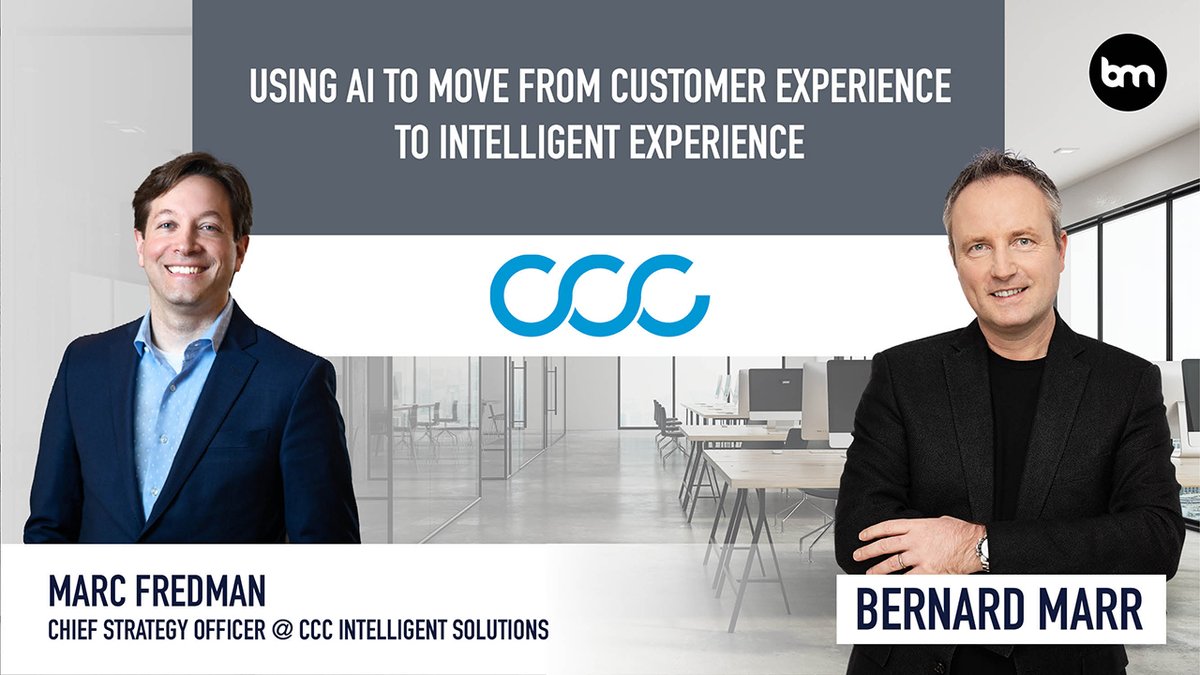 📣 Join me TODAY for an insightful livestream on 'Using AI To Move From Customer Experience To Intelligent Experience' 12 Noon UK | ET 7AM | PT 4AM | CET 1PM | SGT 7PM Twitter > twitter.com/BernardMarr #intelligentexperience and @CCC