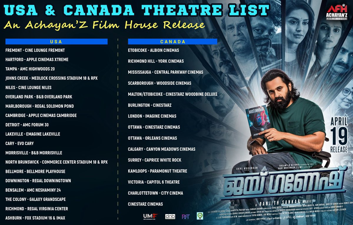 USA🇺🇸 & CANADA🇨🇦 theatre list. #JaiGanesh from April 19th.
