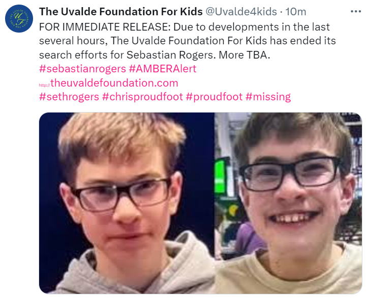 😥I hope that doesn't mean a bad outcome...
#sebastianrogers #AMBERAlert  #sethrogers #chrisproudfoot #proudfoot #missing