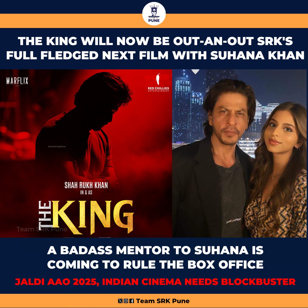 The Blockbuster Indian Cinema needs, SRK's Official next is #TheKing directed by @sujoy_g #ShahRukhKhan #SuhanaKhan #Dubai #ChampionsLeague #Pathaan2 #SiddharthAnand