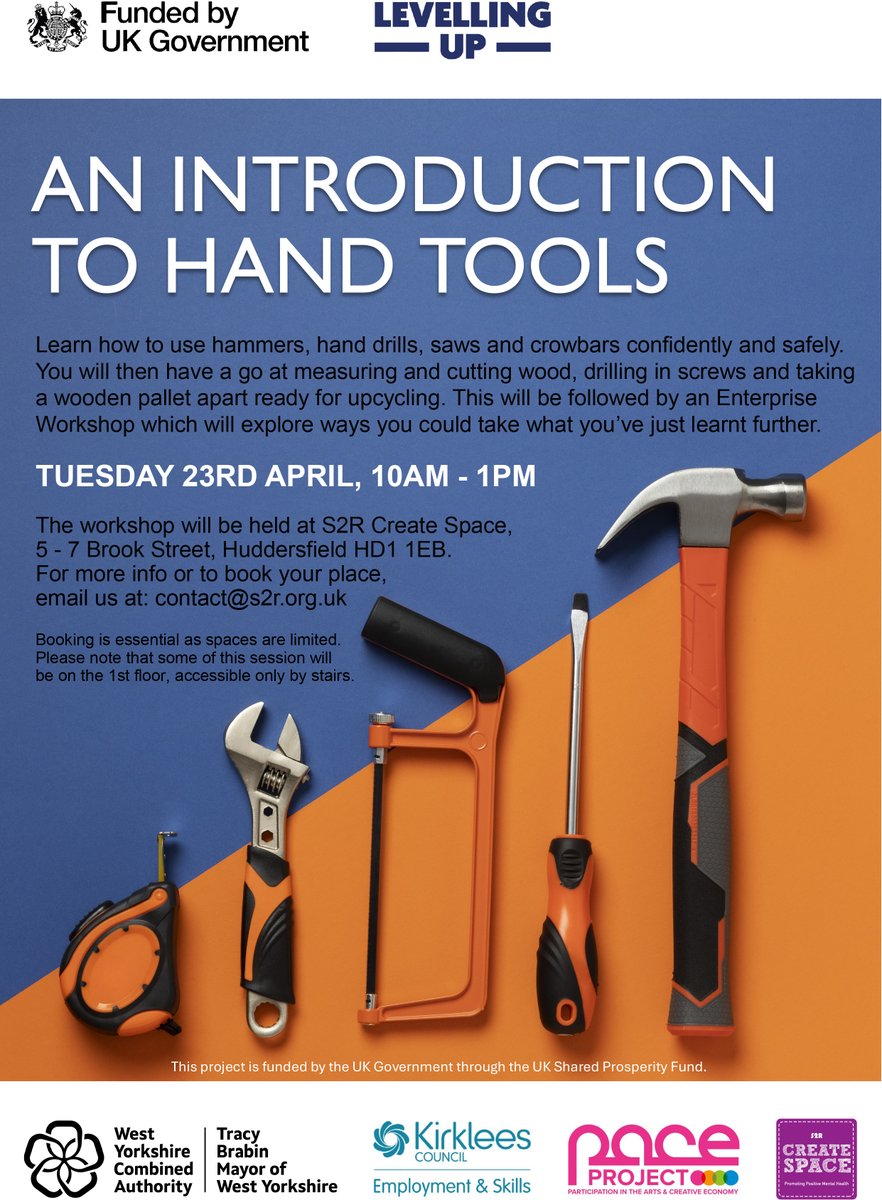 An Introduction to Hand Tools We still have a few places left on this FREE workshop next Tuesday (23rd April) from 10am - 1pm. Email: contact@s2r.org.uk to book your place #UKSPF @WestYorkshireCA @tslkirklees @HuddsHub @oc_kirklees @cr8tivekirklees @KirkleesComPlus