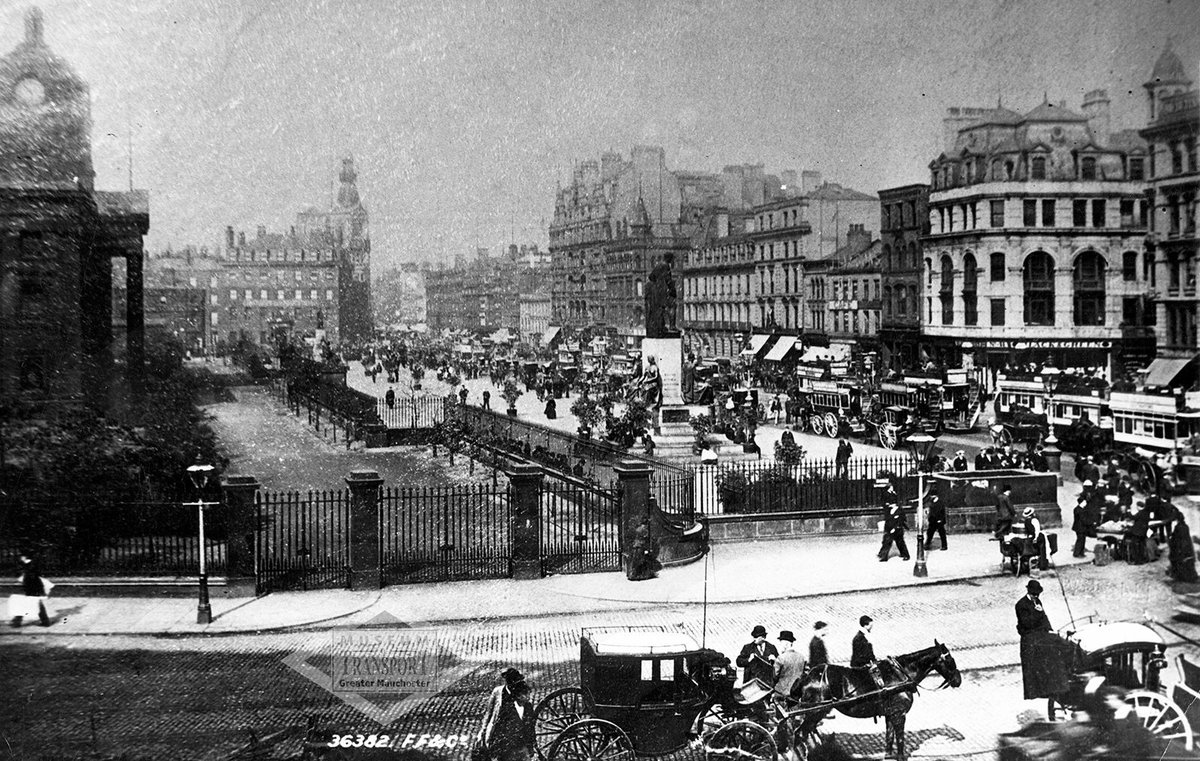 We're going a long way back for this week's #ThrowbackThursday - to the 1890s. But this is recognisably Piccadilly Gardens and on the right you can see horse trams and buses. We hope to bring the last two of these together again this weekend at our 'Omnibus' event.