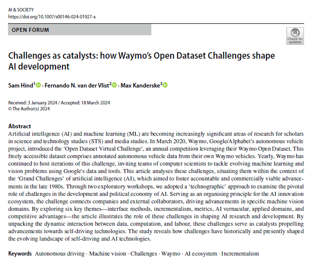 ⚡️🚗*New article* on 'Challenges as catalysts: how Waymo's Open Dataset Challenges shape AI development' w/ @fvandervlist + Max Kanderske.🔓