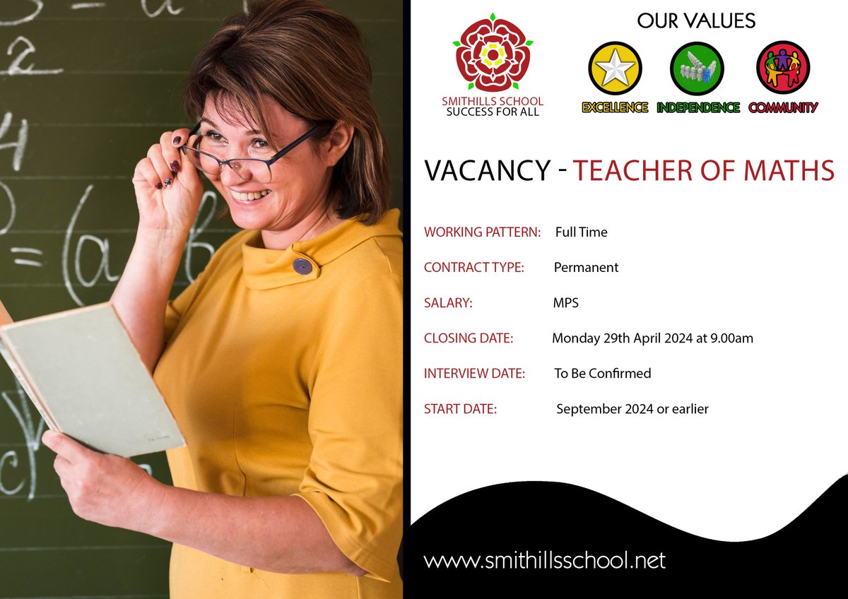 SmithillsSchool's tweet photo. Vacancy - Teacher of Maths 🧮

We are advertising for the position above.

Further details are available on the school website...
https://t.co/EVXVeBXUEe

The application closing date, by email to HR@smithillsschool.net, is 9.00am on Monday 29th April 24.

#vacancy #teacherjobs https://t.co/WzXmVe0WBa