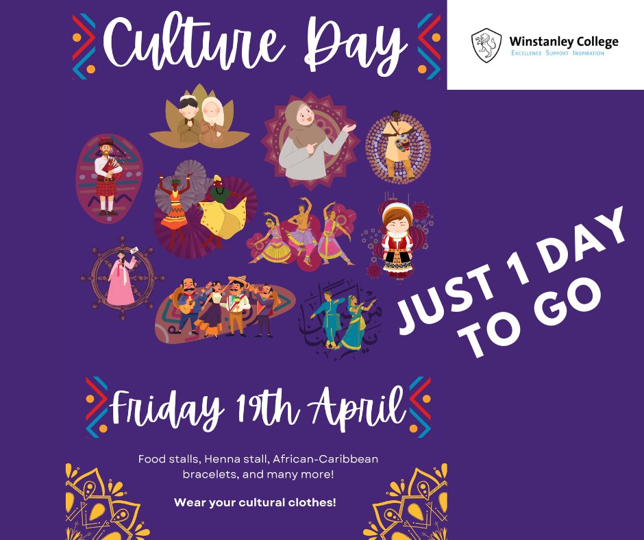 📣Calling all staff and students ⭐JUST 1 DAY TO GO!⭐ 💙The main event will take place in the Garden Room between 12:30pm and 2:30pm. There will be a range of stalls on offer to celebrate the diverse cultures that make up the Winstanley community. Our students have been