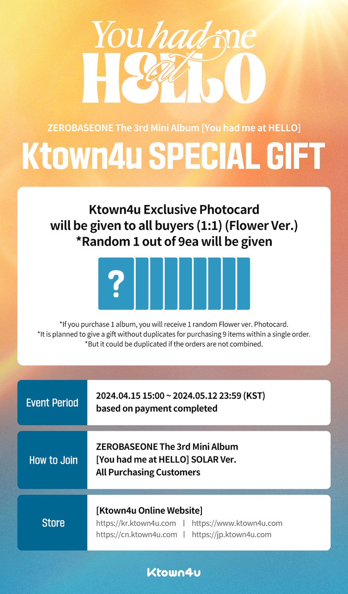 ☀️ @Ktown4u_com x ZB1 GLOBAL UNION Para os participantes que participarem do evento de pré-venda do Álbum do ZEROBASEONE The 3rd Mini Album [You had me at HELLO] da Ktown4u • Deixe um comentário de apoio • 1 de 9 tipos de brindes Ktown4u PO através de um sorteio. 🔗 Para mais