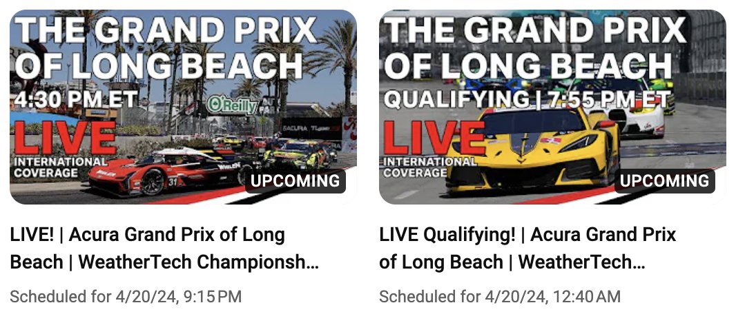 IMSA SHOWING LONG BEACH ON YOUTUBE! 🔥 It wasn't just a one-off for Sebring, qualifying and the race will be available in territories that would normally be able to view everything on IMSA TV... ...but this reaches a whole new audience again. Bravo @IMSA 👏