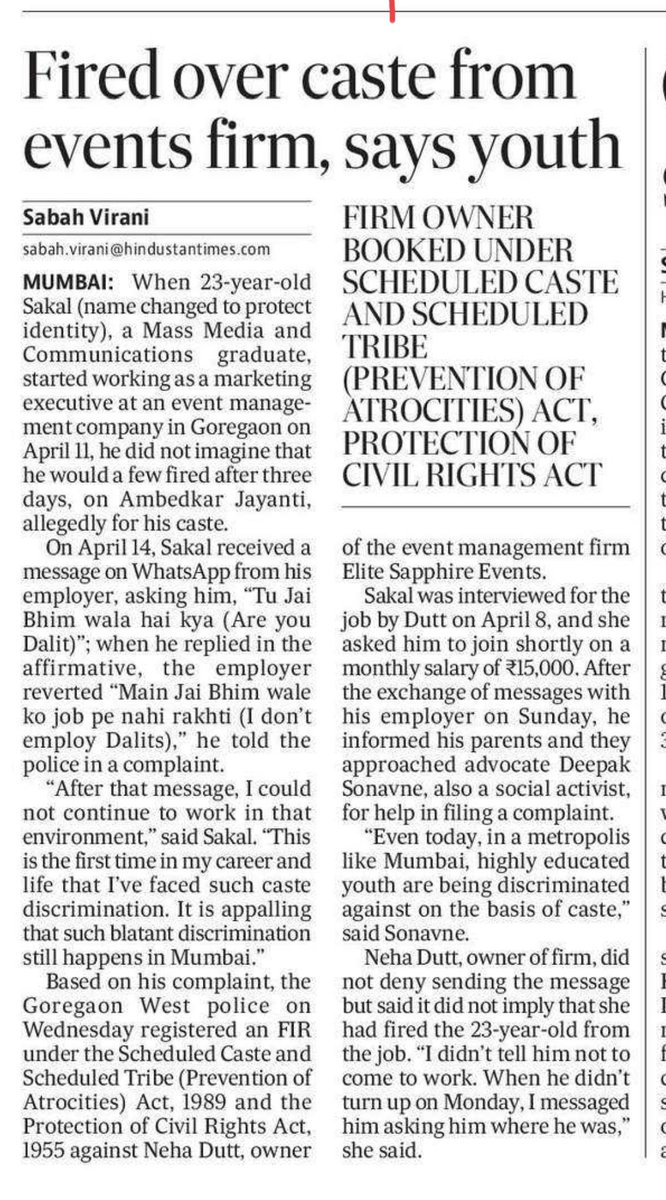 A 23yo youth was fired from his new job on Ambedkar Jayanti for his caste. I report: hindustantimes.com/cities/mumbai-…