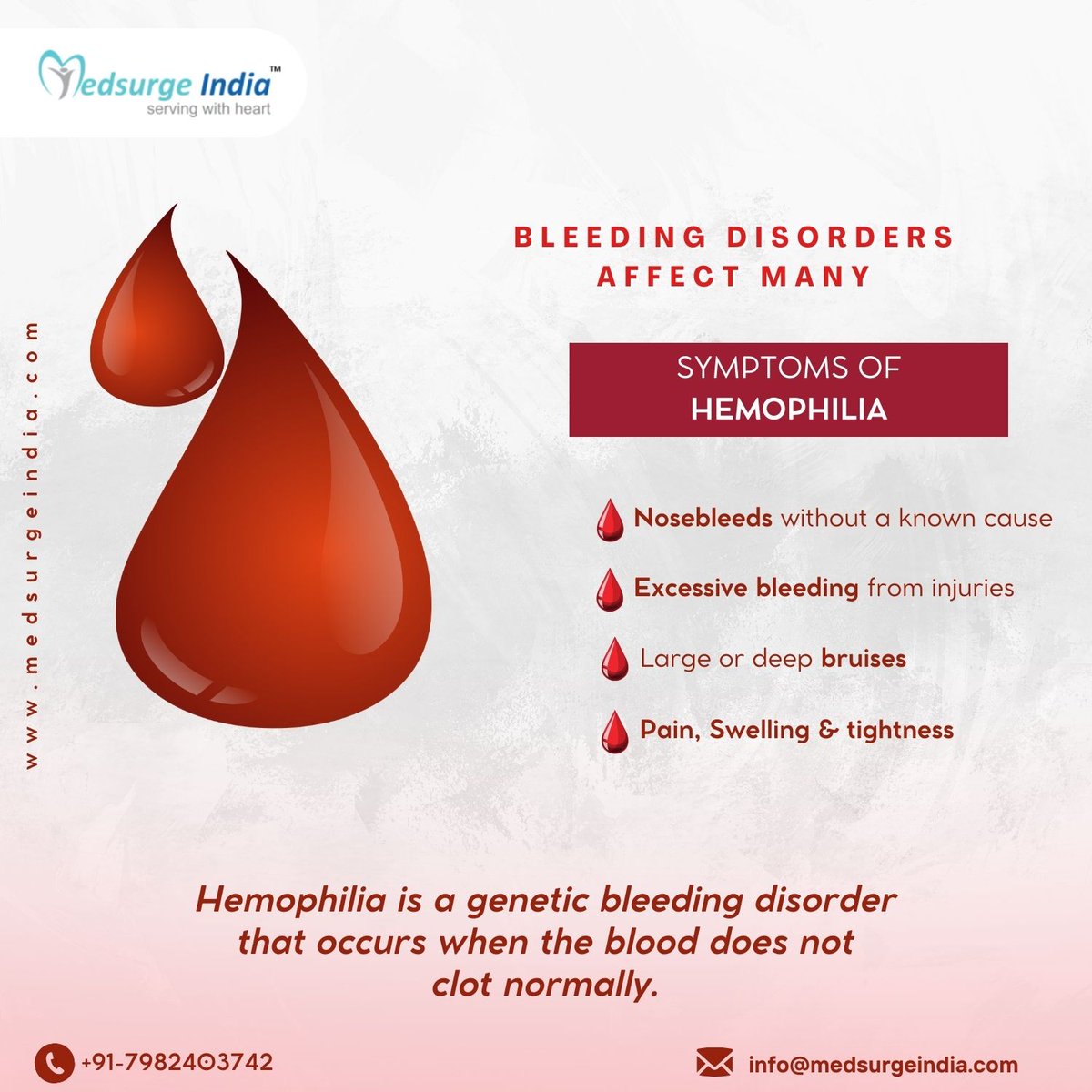 🩸Haemophilia is a rare condition in which the blood does not clot normally due to a lack of blood-clotting proteins. Click rb.gy/vnmrwx #RaiseAwareness #blooddisorder #bleeding #hemophiliaawareness #medsurgeindi #multiplesclerosis #autoimmunedisease #hematologist