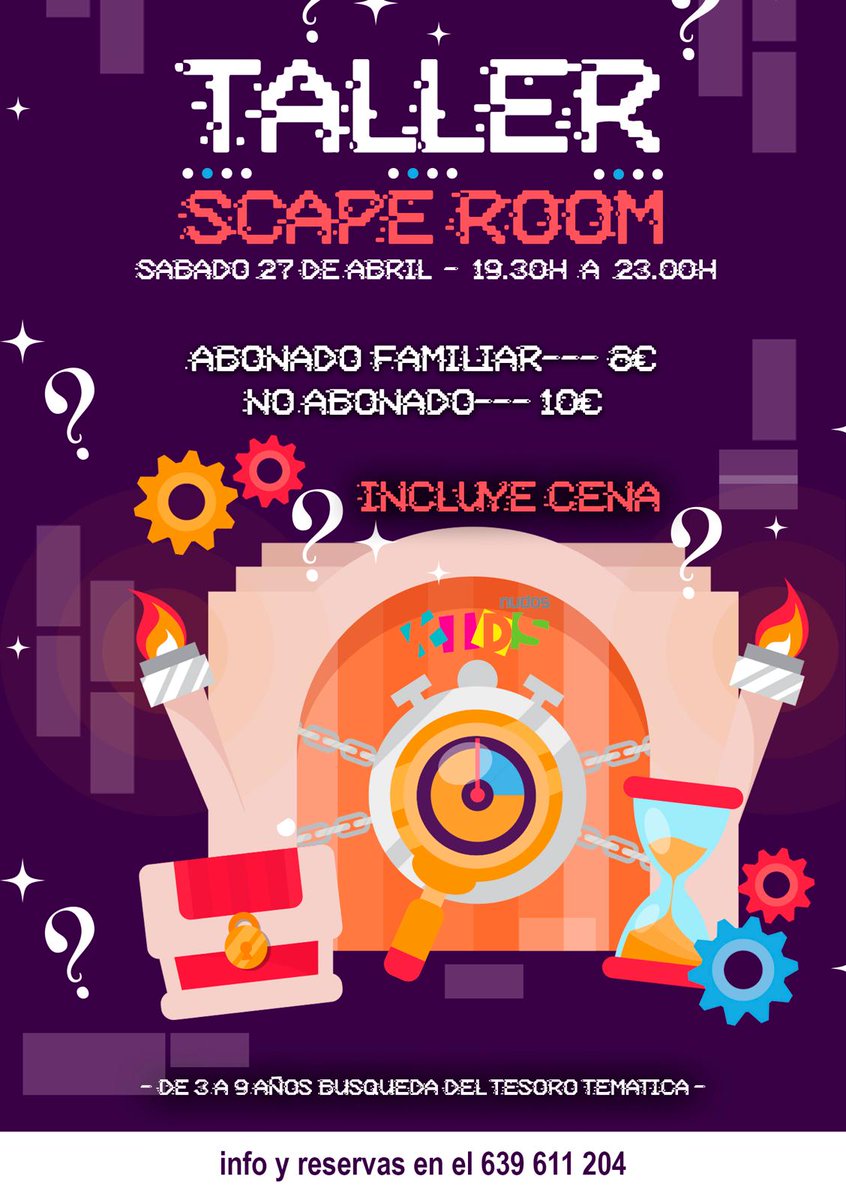 🗝️¡Descubre la emoción del Taller de Scape Room y la Búsqueda del Tesoro Temática! 🌟 El sábado 27 de abril de 19:30 a 23:00h, disfruta de una noche especial en la Ludoteca del Club de Ocio Nudos.
🎉 Reserva tu lugar llamando al 639 611 204. ¡No te quedes fuera de esta aventura!