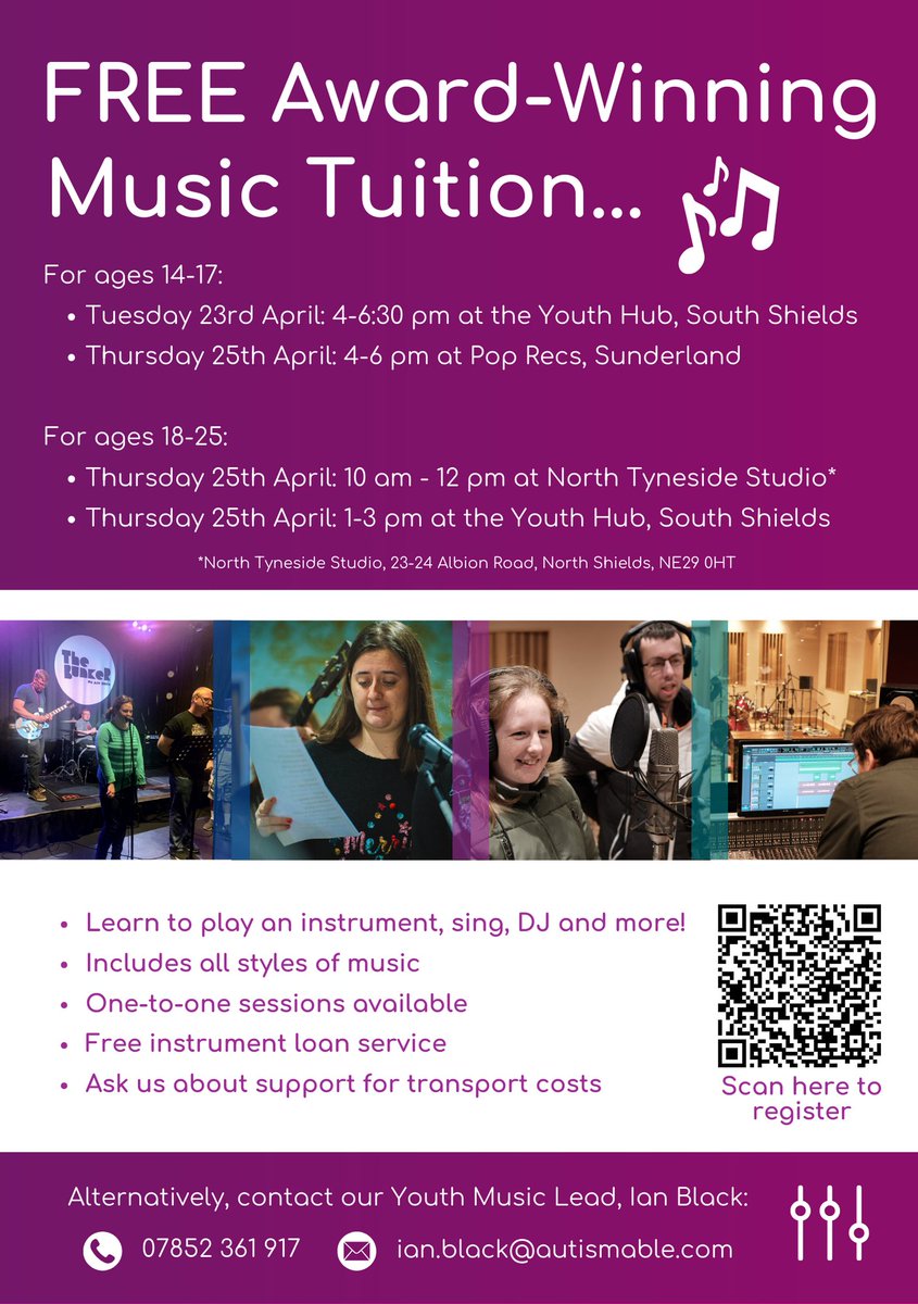 🎵 FREE Music Tuition from the winners of @YouthMusic's Outstanding Project Award! 🎤

Click here to register for FREE: forms.gle/irnFjz5dJzqHq2…

No matter your background or experience, everyone is welcome! 🌟

#Sunderland #SouthTyneside #NorthShields #YouthMusic