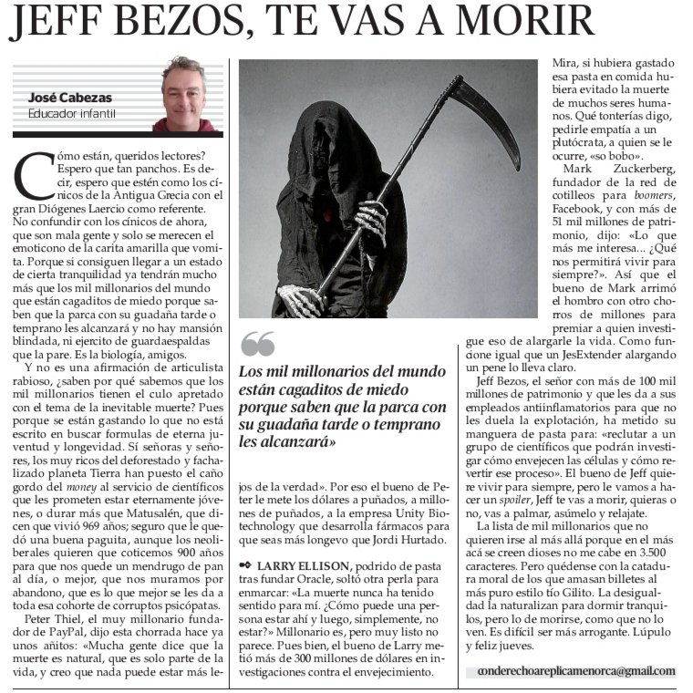 srheads's tweet photo. Jeff Bezos, ponte como quieras pero a la parca no la ganas.
@esdiarimenorca https://t.co/oKKIxdb0Ep