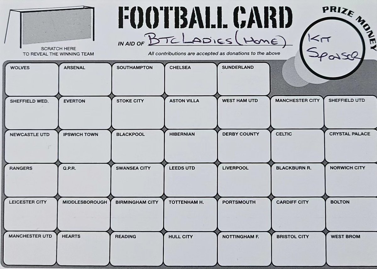 So we are now opening up our football team sponsorship opportunities. We are running 4 scratch cards for our men's team home & away kits and our ladies Home & away kits. Each space is £20 each. Please get in touch ASAP to get your team!