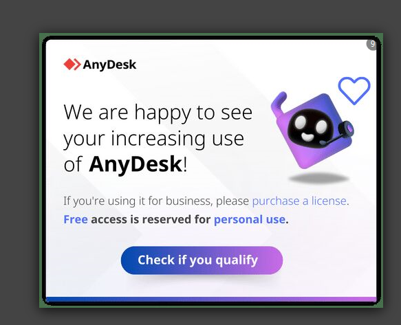 NormalFer_'s tweet image. hey, @anydesk, your program just keeps throwing these pop ups every few seconds, barely 1 minute apart from each other. I have no idea why it gives me those, since I use anydesk for personal use only :/