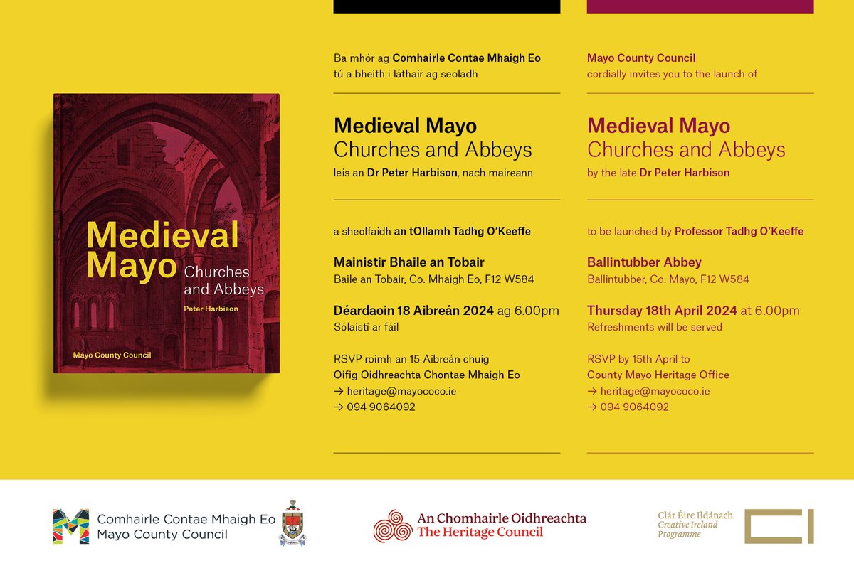 Medieval Mayo - Churches and Abbeys By the late Dr Peter Harbison. Launch by Professor Tadhg O’Keeffe. Ballintubber Abbey. This evening, Thurs 18th April at 6pm. @ballintubberabb @BallintubberCLG @VisitB_tubber @BallintubberS @MayoCoCo @themayonews @WesternPeople @thecontel
