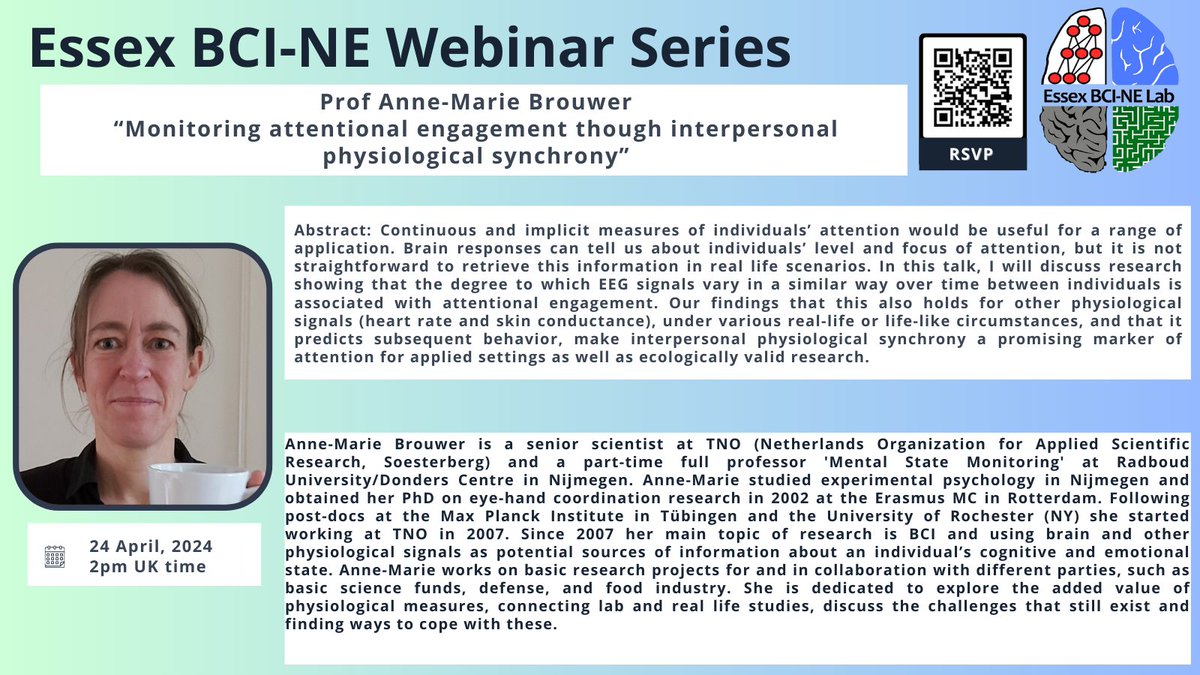 New webinar next week! Looking forward to Anne-Marie's presentation on measuring attentional engagement through EEG #BCI #EssexBCI #freewebinar #EssexBCINEWebinars