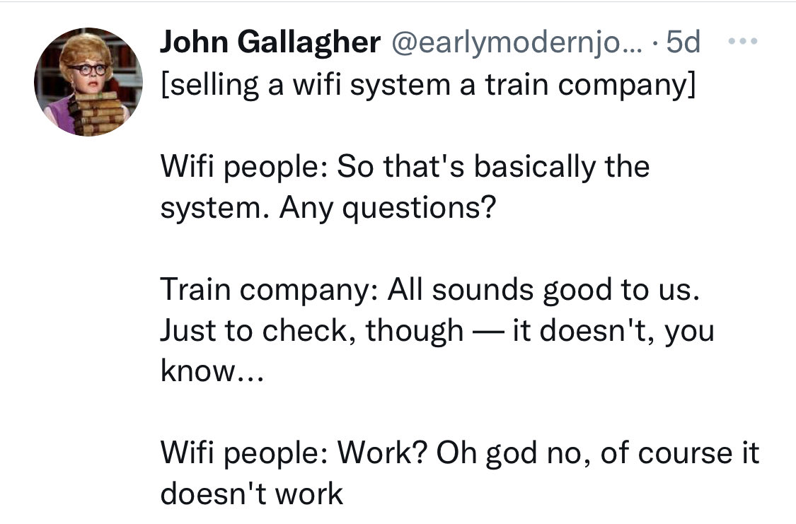 LucieBoase's tweet photo. an evergreen tweet 🐥 I think of it every time I travel by train and particularly when my hope/plan/dream is to get a bit of work done. NO DEAL!! https://t.co/UPjUr5CpXY