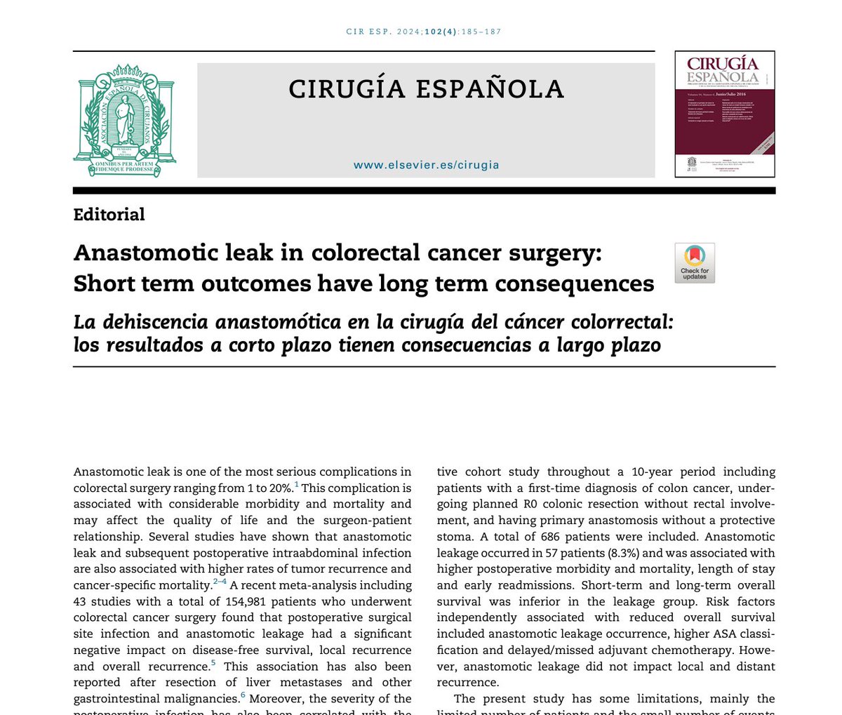“Anastomotic leak in #colorectalcancer surgery: Short term outcomes have long term consequences” Don’t miss this month editorial #CirEsp by @m_pera_roman 🆕🔝👇🏻👇🏻👇🏻 @aecirujanos @me4_so @coloproctoaec @AECP_FAECP @escp_tweets 🔗elsevier.es//es-revista-ci…