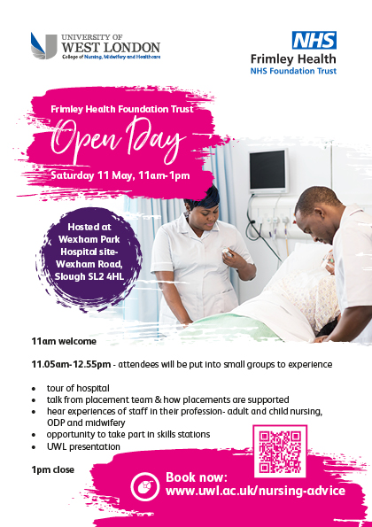 🎉 Get ready for an exciting Open Day! 🎓 Join us at Wexham Park Hospital on May 11th from 11 am to 1 pm, where University West London and Frimley Health NHS come together! 🏥 Explore, connect, and discover the endless possibilities! Don't miss out! See you there! 👋