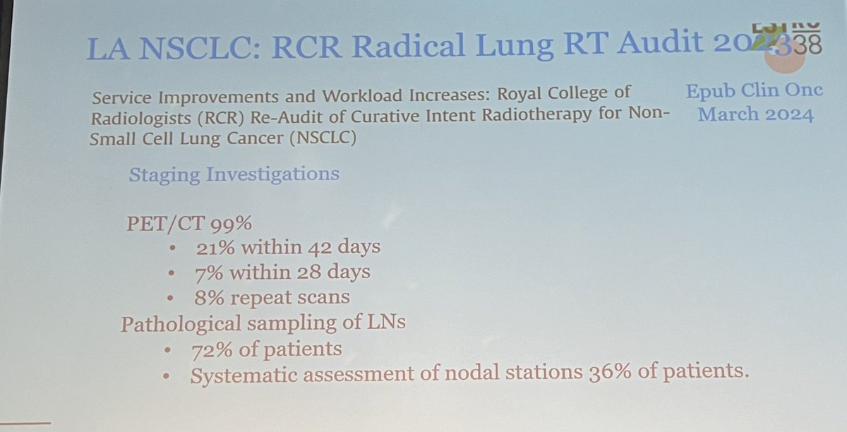 #BTOG24 SEISMIC trial demonstrating the importance of staging EBUS in locally advanced unresectable NSCLC in defining accurate radiotherapy plans (superb work @DanSteinfort 👏) 

@fifimcdrmh also highlights UK audit data on the work needed to align to this study 

@BTSrespiratory