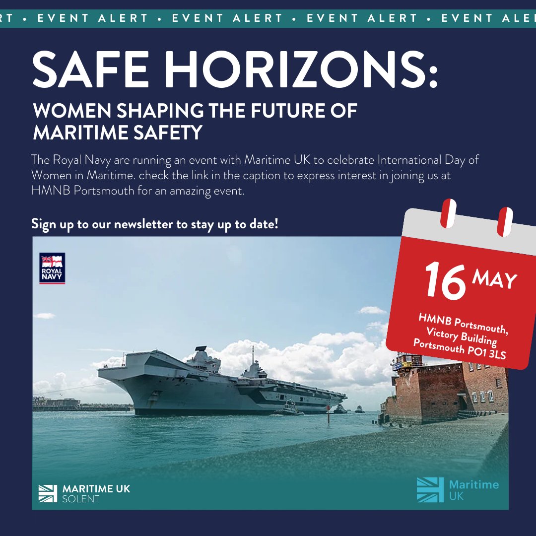 🌊 Don't miss out on this event celebrating International Day of Women in Maritime! 🚢 Join us at HMNB Portsmouth on May from 11:00 AM to 2:00 PM for a special event organised by the Royal Navy and Maritime UK. Click here to register - shorturl.at/bcdsS #WomenInMaritime