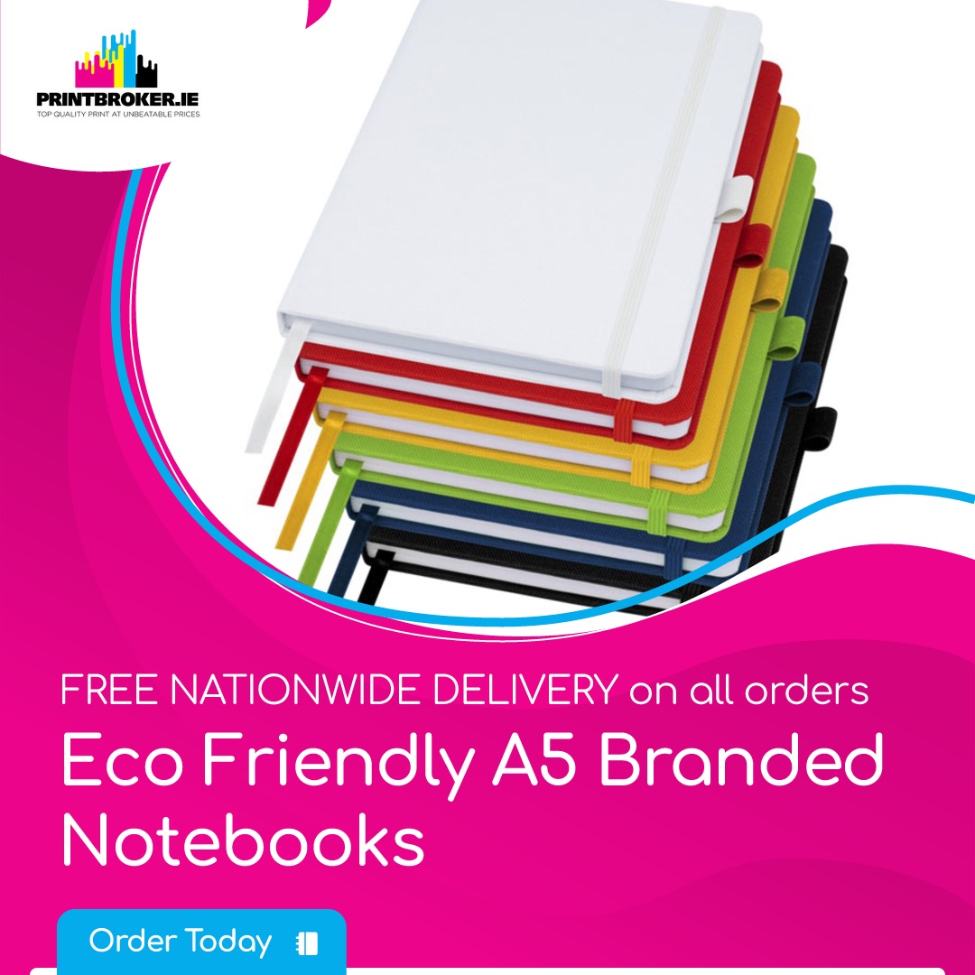 A5 recycled notebooks with covers made of RPET fabric. Features 80 sheets of 70 g/m2 recycled paper with a lined layout, a pen loop, and a ribbon marker.