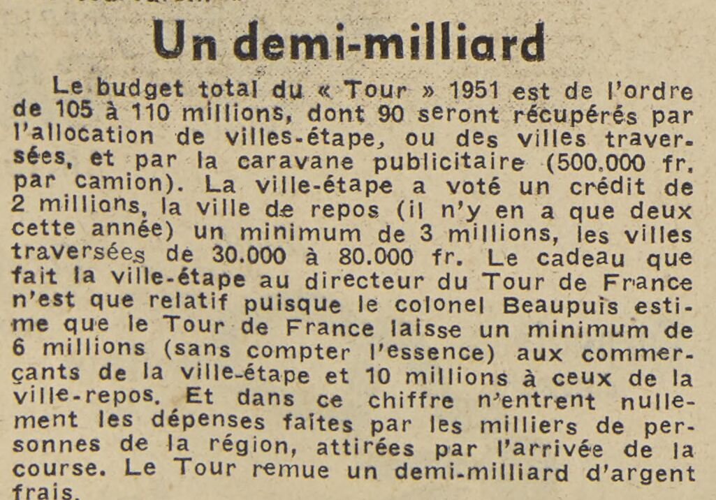 Dans les années 1950, les villes-étapes devaient déjà payer une contribution pour recevoir le Tour de France. Le tarif était alors de 2 à 3 millions de francs (55-85 KE environ).
