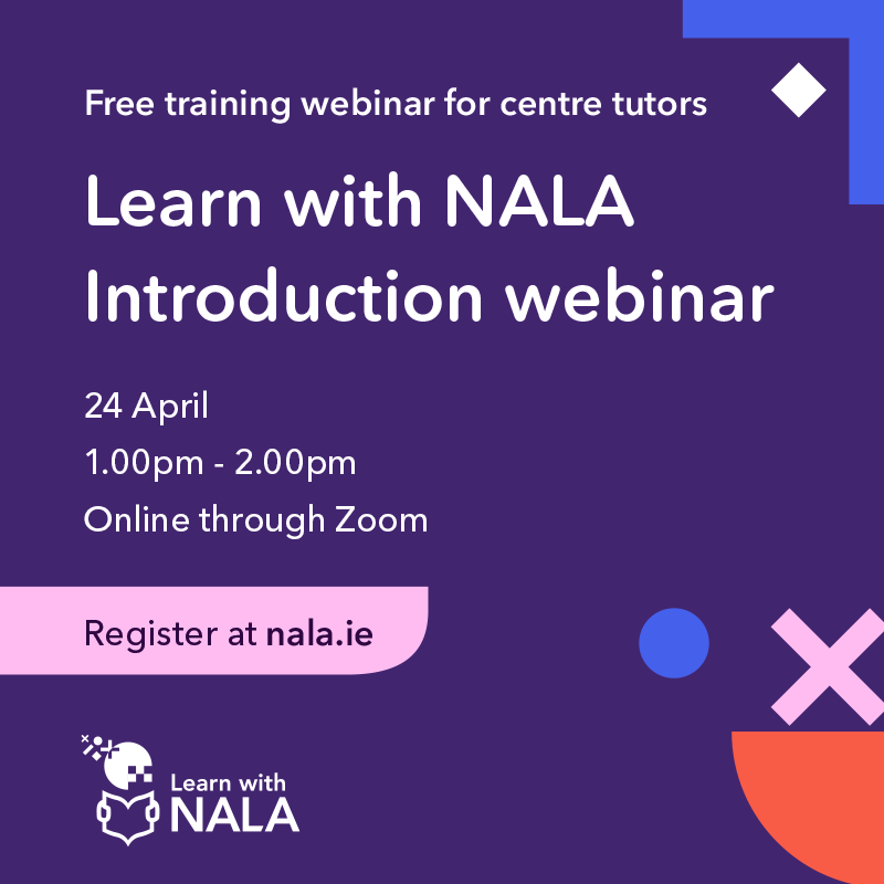Are you using Learn with NALA in your centre? Our next free online training webinar for tutors takes place on Wednesday 24 April at 1.00pm We will cover navigating the platform, setting up learners, and monitoring progress 📈 Register for free ⬇️ nala.ie/support-us/lea…