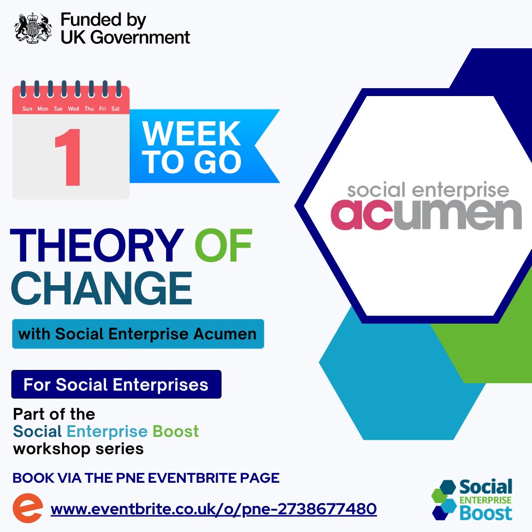 1 WEEK TO GO until our next Social Enterprise Boost workshop with @SocEntAcumen

Please book our future workshops and events via our Eventbrite link here:  eventbrite.co.uk/o/pne-27386774…

@firstport @DCMS
#PNE #SocialEnterpriseBoost #SocialEnterprise