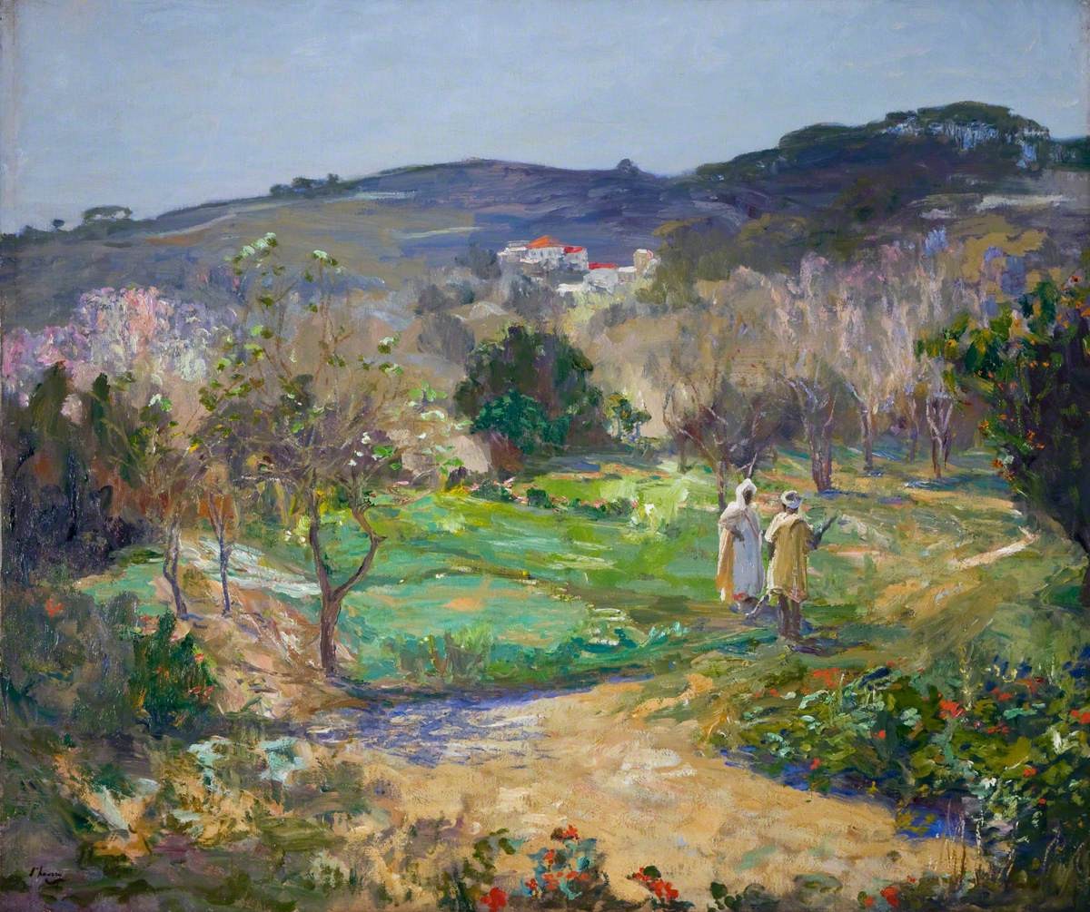 #OnlineArtExchange🎨 @artukdotorg✨ We're celebrating #LaveryOnLocation @UlsterMuseum🌳 with 'A Moorish Garden in Winter'.🥀 John Lavery(1856–1941) was so enamoured with #Morocco that he regularly visited his winter home in #Tangier.💼 ✖️Queen's University Belfast 📸@QUBelfast