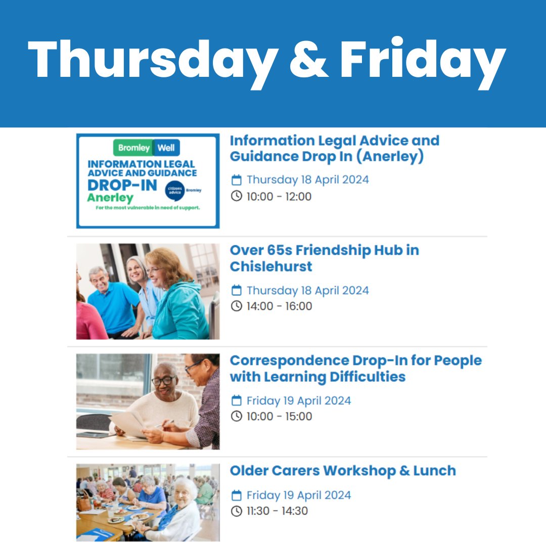 Finishing up the week with even more events from our teams at @CAB_Bromley @AgeUKBandG and @BromleyMencap Check the website for details: bromleywell.org.uk/events/ #carers #learningdifficulties #befriending #friendshiphub