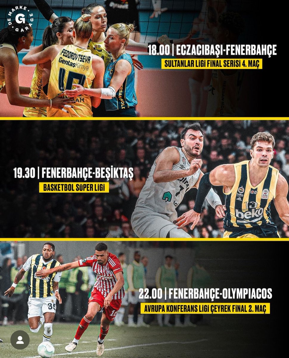 Fenerbahçe camiası için müthiş önemli bir gün! Voleybol takımımızın şampiyonluk maçı! Basket takımımızın derbi maçı! Ve futbol takımımızın yarı finale çıkış maçı!