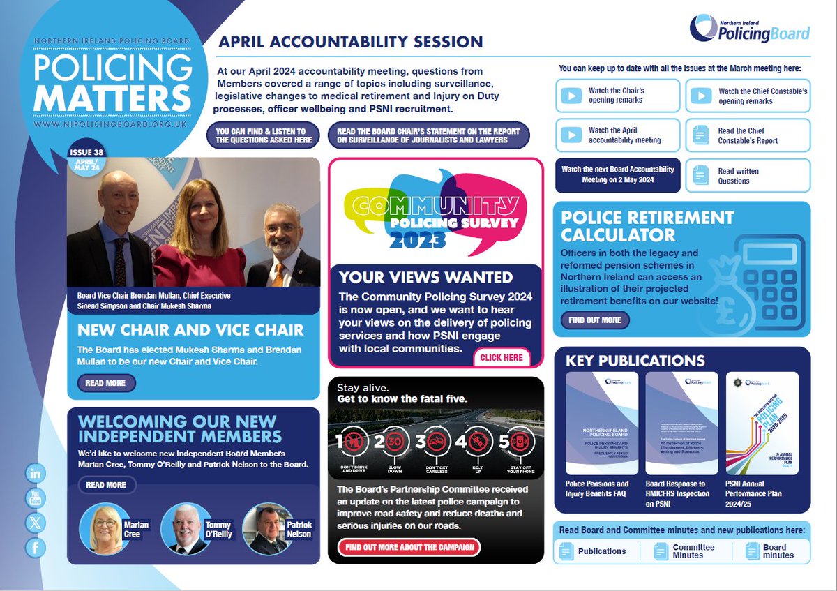 The latest edition of #PolicingMatters is here, offering a bitesize overview of what's been happening at the Board! Read it here: nipolicingboard.org.uk/publication/po…