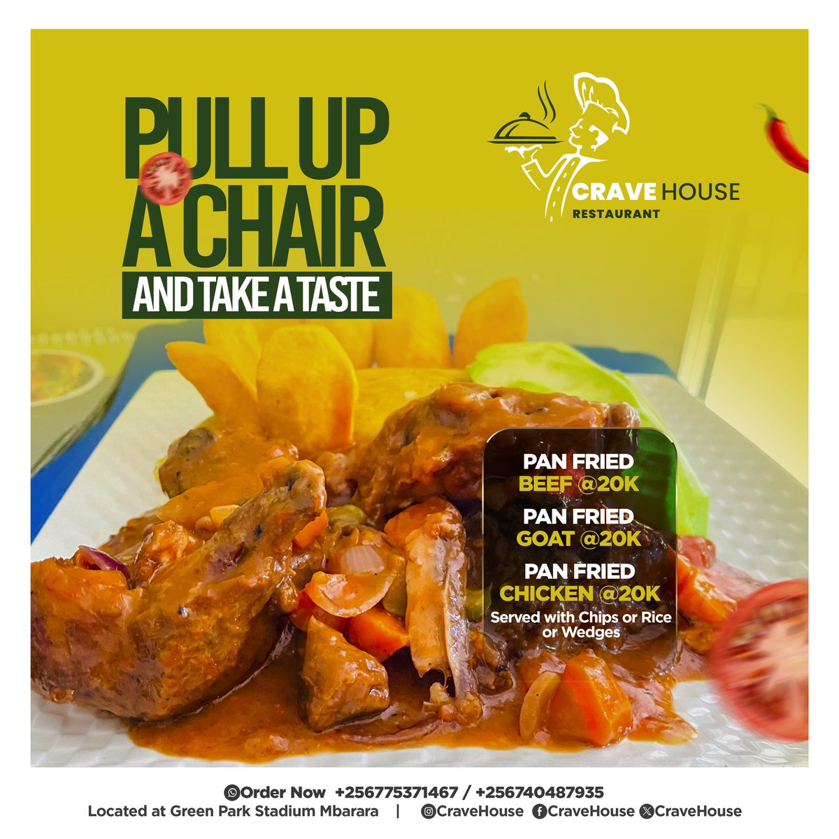 Craving some delicious pan fried beef, chicken, or goat? Head over to .@greenparkug for a taste sensation like no other! Delivery also available for ultimate convenience 📞 +256775371467 #CraveHouseRestaurant