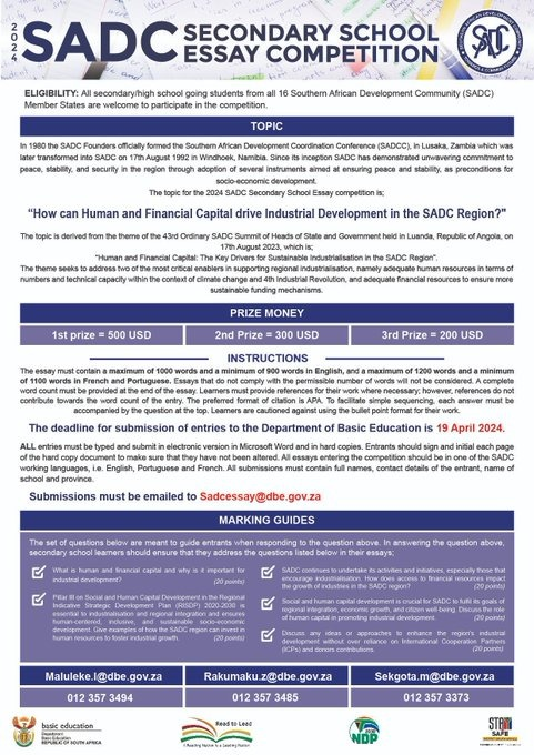 Want to know how you can be part of the Southern African Development Community (SADC) Secondary School Essay Competition for 2024? Well, you are in luck, view the information in the poster below, and start getting ready. Closing date: 19 April 2024 All the best!