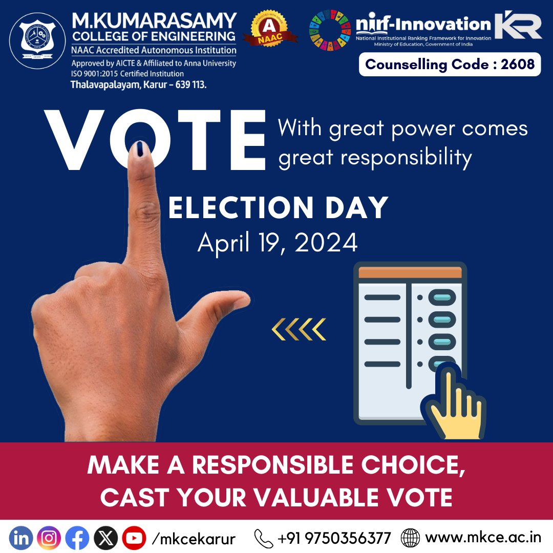 Exercise your right, make your voice heard! 🗳️ #voteday

#MKCE #MKCEkarur #VoteDay #ExerciseYourRight #MakeYourVoiceHeard #CivicResponsibility #DemocracyInAction #YourVoteMatters #GetOutAndVote #VotingMatters