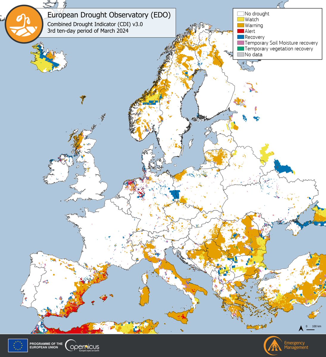 According to our latest #EDO CDI for the third 10-day period of March, #drought 🚱 conditions persisted in the #Mediterranean region 🔴Alert conditions were present in parts of #Spain 🇪🇸 and #Italy 🇮🇹, impacting vegetation in the affected areas 🔗 e.copernicus.eu/EDO_CDI