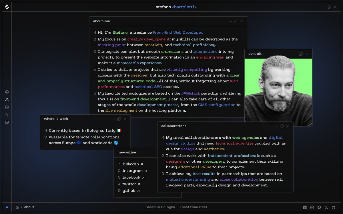 ste_bartoletti's tweet image. My new portfolio website is finally live after many weeks of work!
It has been built with many great techs: @nuxt_js, @tailwindcss, @daisyui_, @storyblok, @Netlify, GSAP by @greensock, Lenis by @darkroomdevs, @threejs via @tresjs_dev.
It is live at stefanobartoletti.it
